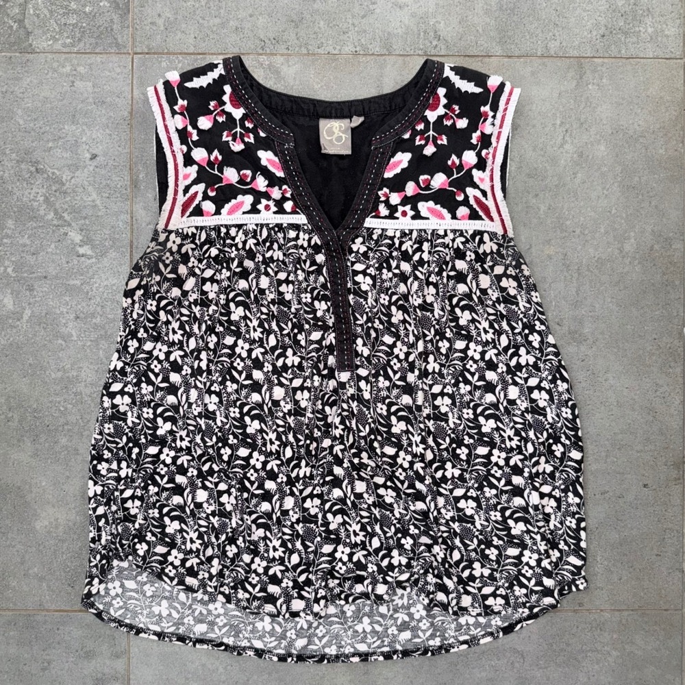Anthropologie x One September Embroidered Top Womens Medium Black Floral Boho